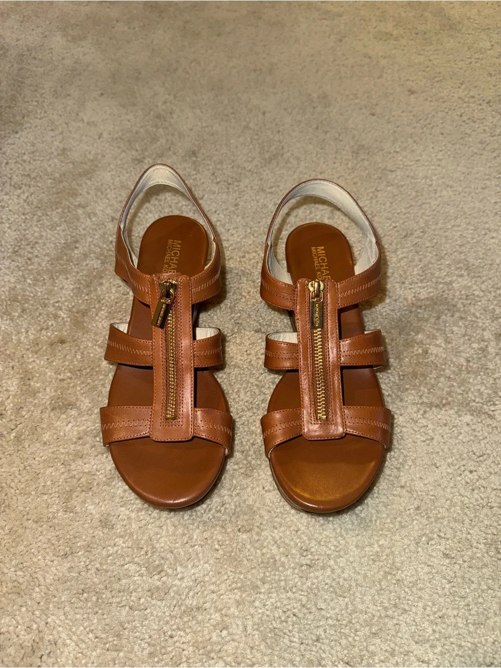 NWOT Michael Kors Berkeley Leather Wedge Zip-Front Sandals - Brown